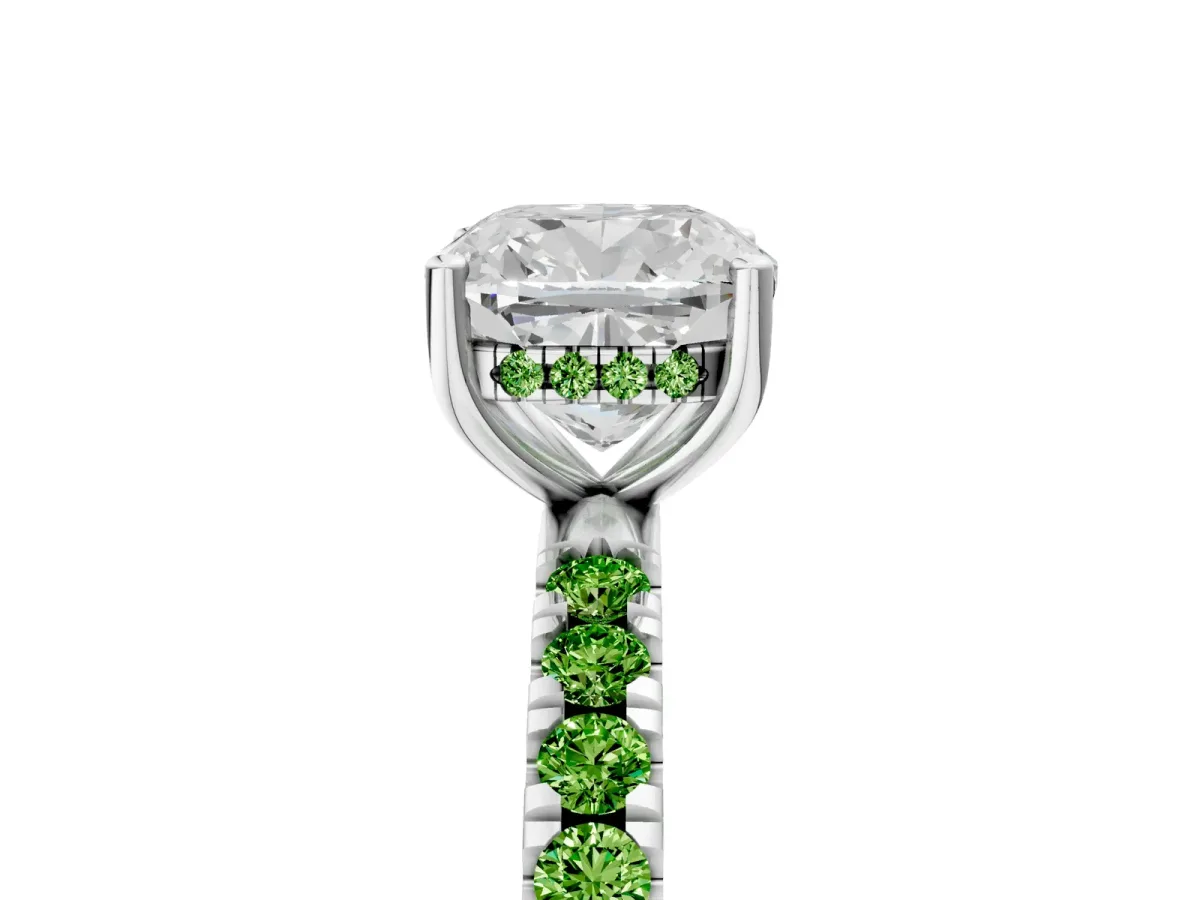 Cushion Cut Diamond Pave Band Solitaire Ring with Round Peridot and Prong Setting White gold