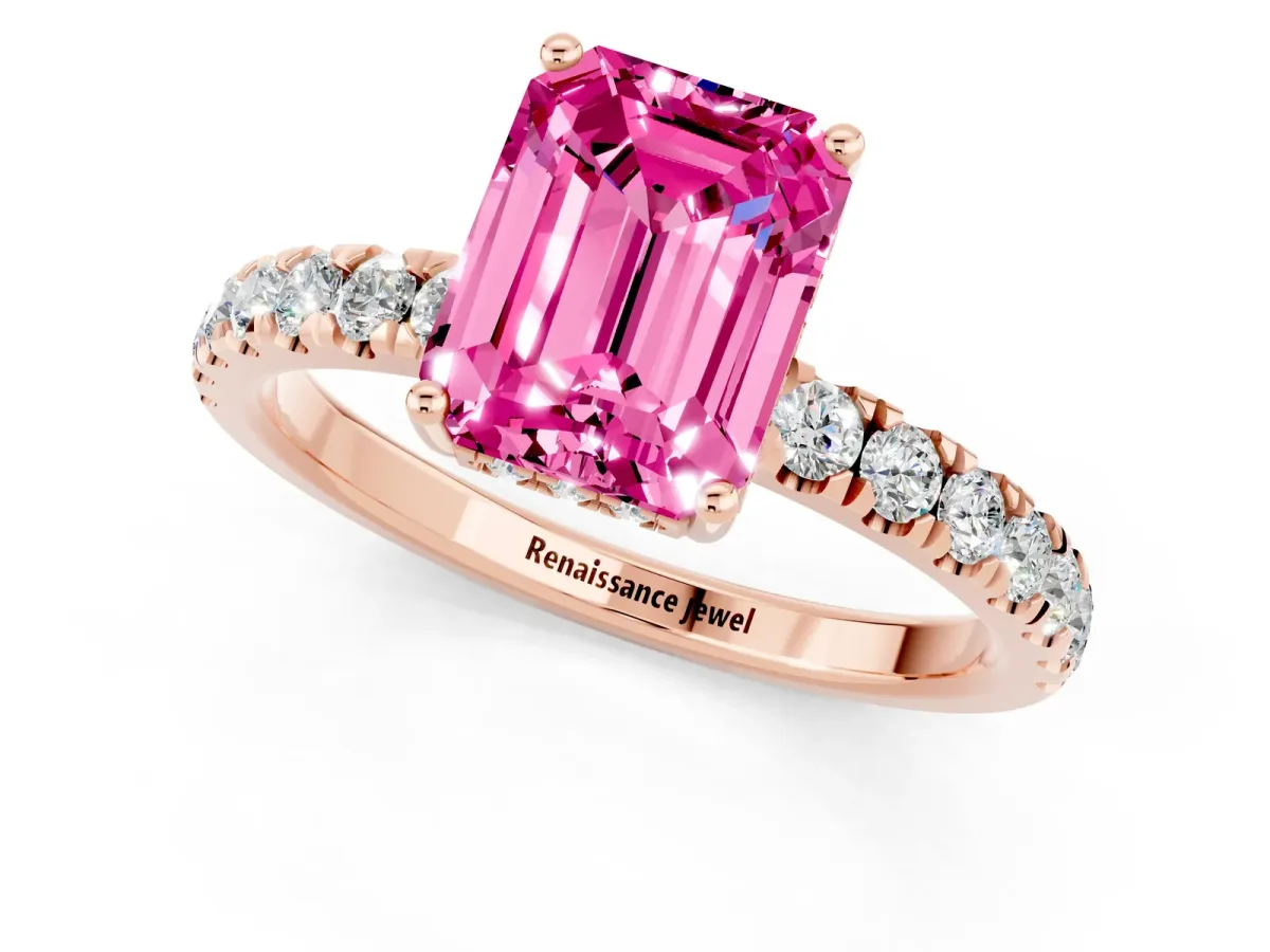 Emerald Cut Pink Sapphire Pave Band Solitaire Ring with Round and Prong Setting Rose gold