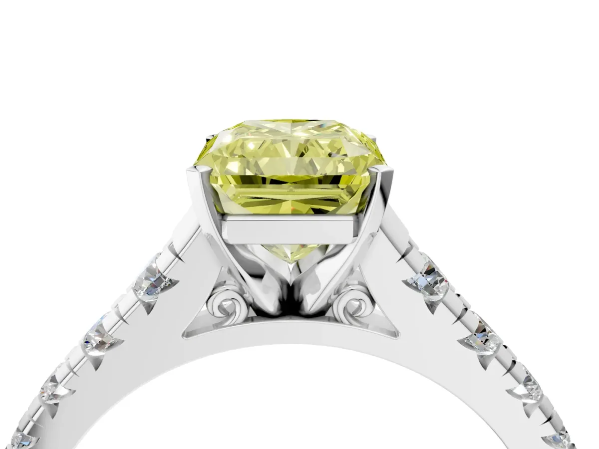 Fancy Yellow Radiant Cut Diamond Cathedral Solitaire Ring with Round Pavé Band Platinum