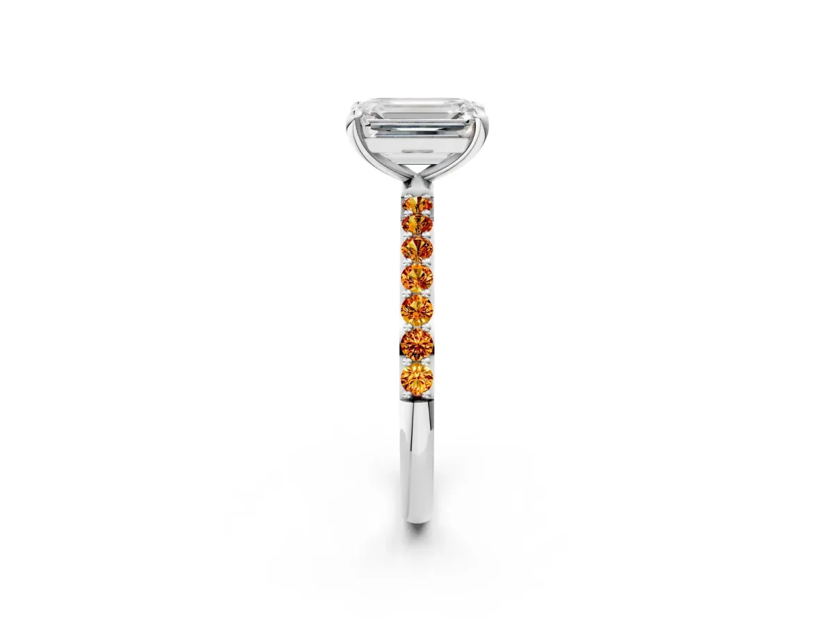 Emerald Cut Diamond Solitaire Ring with Round Citrine Pavé Band and Prong Setting Platinum