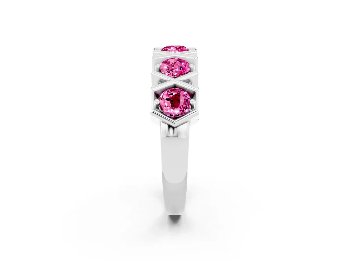Round Pink Sapphire Channel Set Band with X-Prong Detail Silver