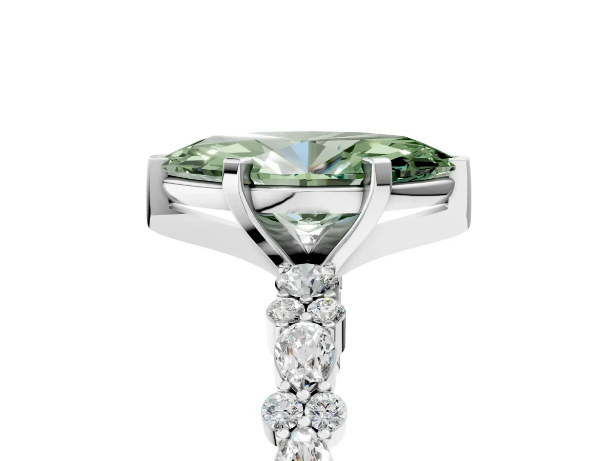 Fancy Green Marquise Cut Diamond Side Stone Solitaire Ring with Round and Four-Prong Setting White gold
