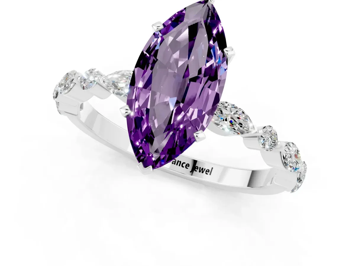 Marquise Cut Amethyst Ring with Marquise and Round Side Stones and Four-Prong Setting Platinum