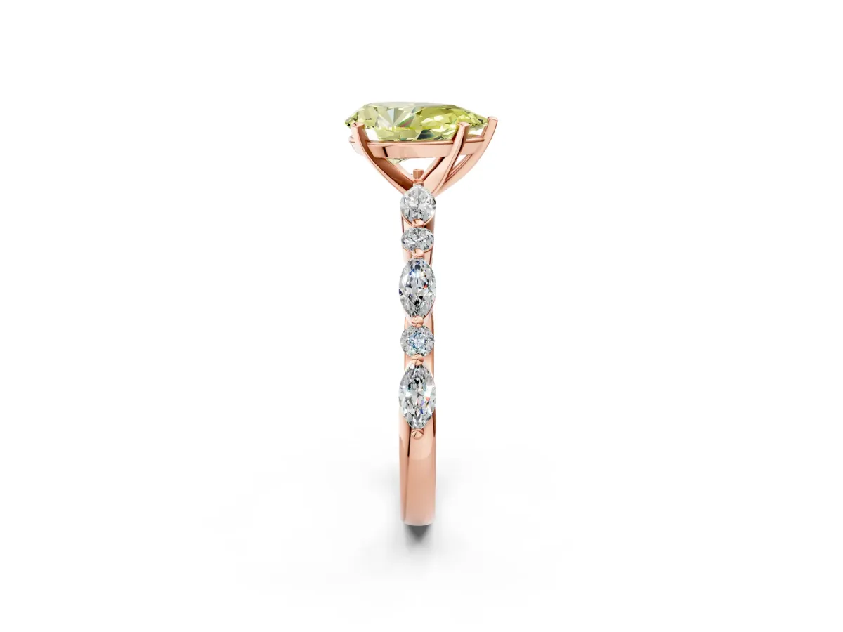 Fancy Yellow Pear Cut Diamond Ring with Marquise and Round Side Stones and Four-Prong Setting Rose gold