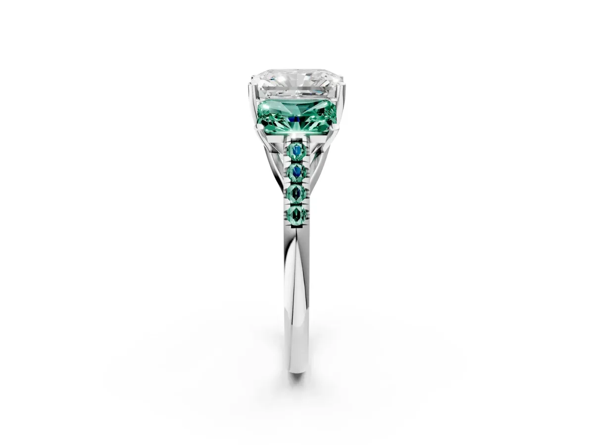 Three-Stone Radiant Cut Diamond Ring with Round Green Sapphire Pavé Band and Prong Setting Platinum
