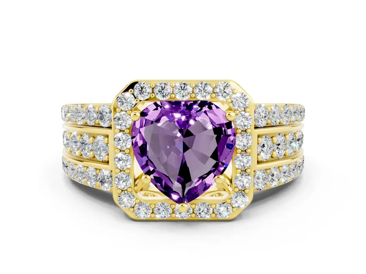 Heart Cut Halo Amethyst Ring with Round Split Shank and Prong Setting Yellow gold