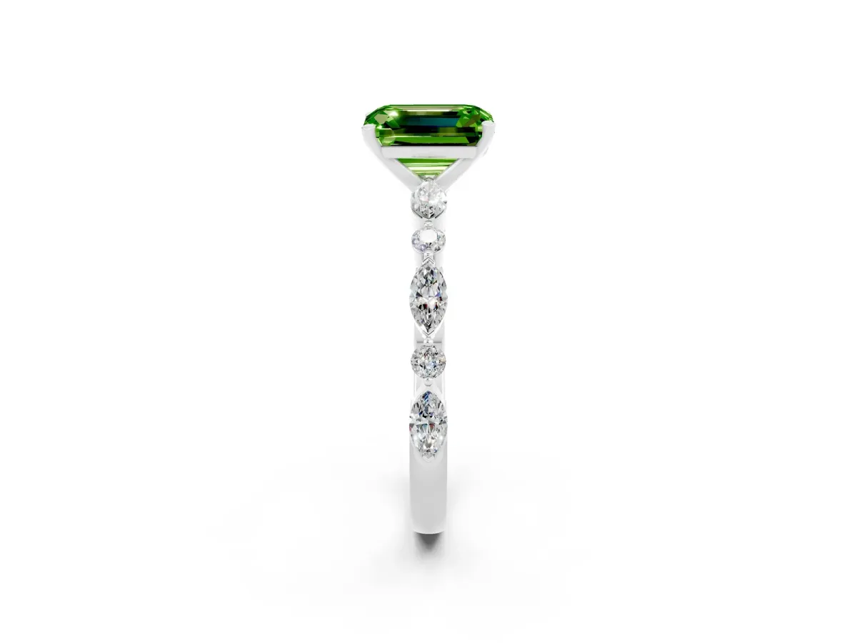 Emerald Cut Peridot Ring with Marquise and Round Side Stones and Four-Prong Setting White gold