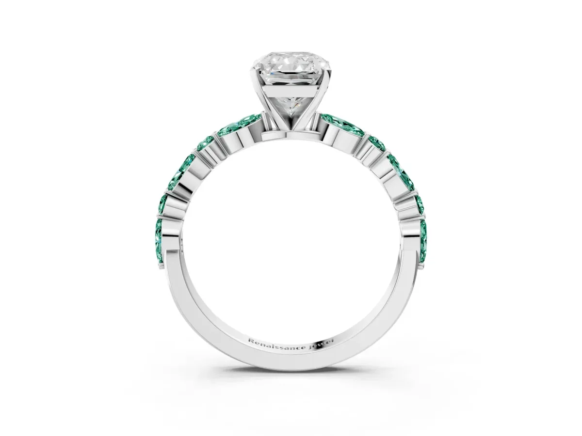 Radiant Cut Diamond Ring with Marquise and Round Green Sapphire Side Stones and Four-Prong Setting Silver