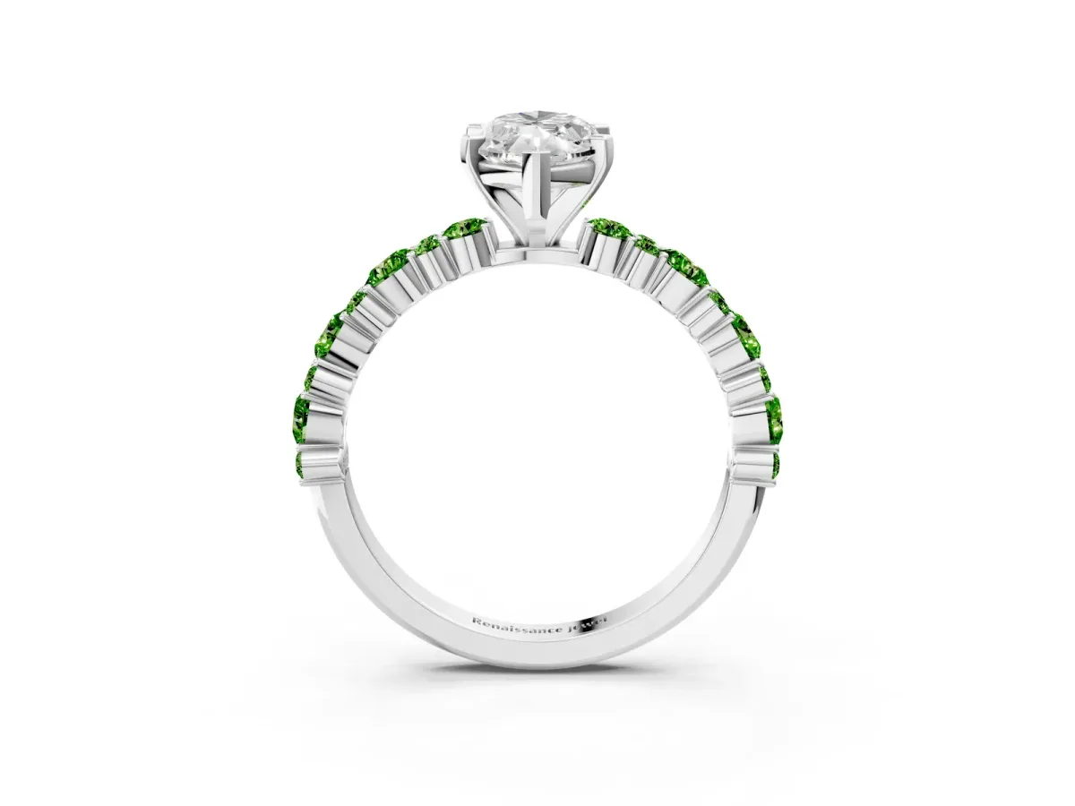 Marquise Cut Diamond Side Stone Solitaire Ring with Round Peridot and Four-Prong Setting Platinum