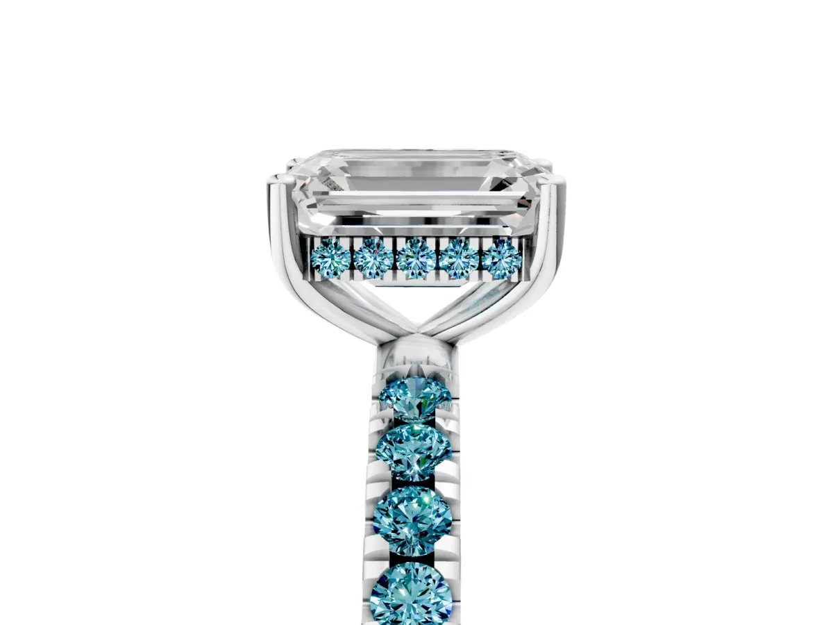 Emerald Cut Diamond Pave Band Solitaire Ring with Round Blue Topaz and Prong Setting Platinum