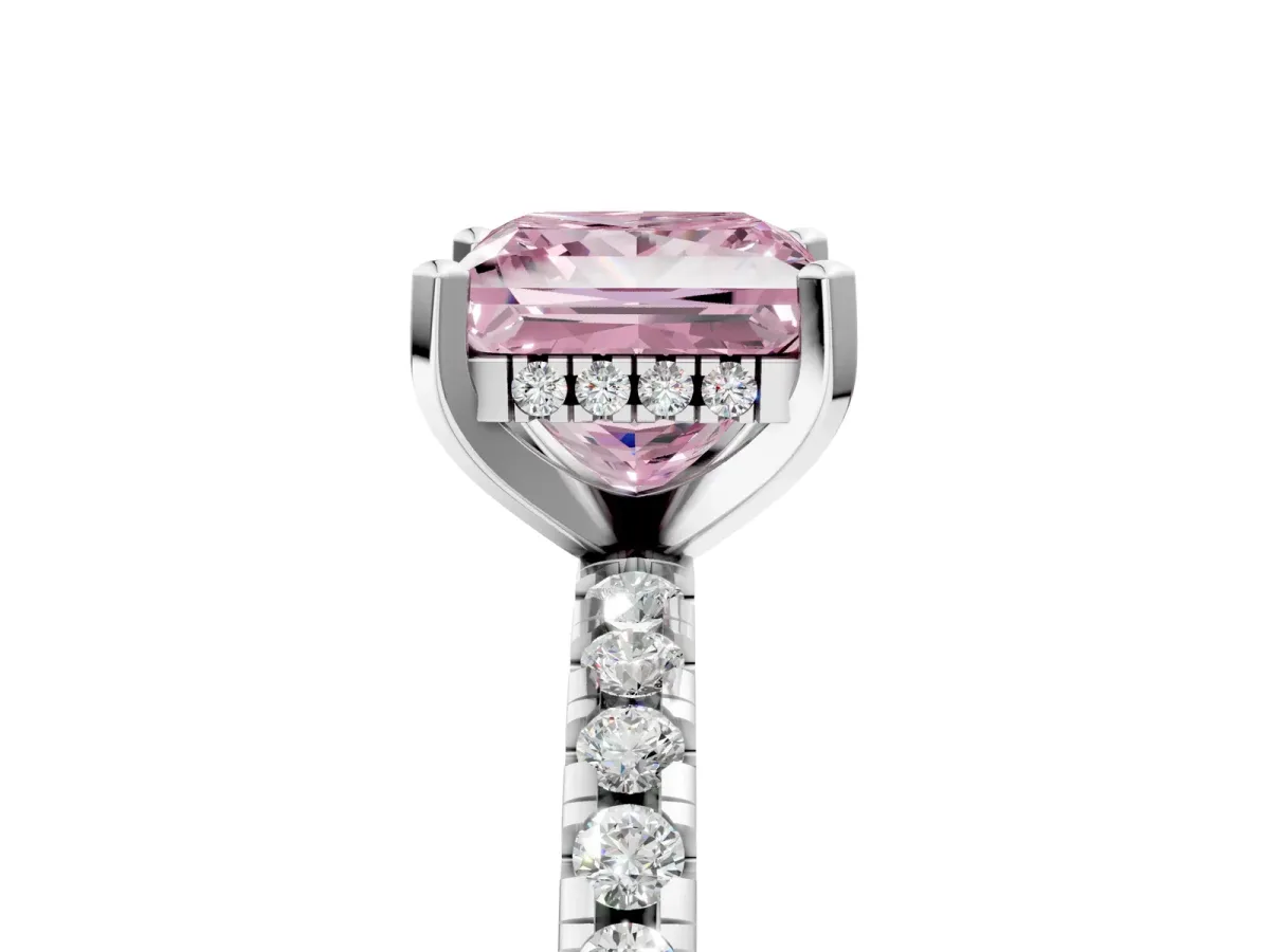Fancy Pink Princess Cut Diamond Solitaire Ring with Round Pavé Band and Four-Prong Setting Platinum