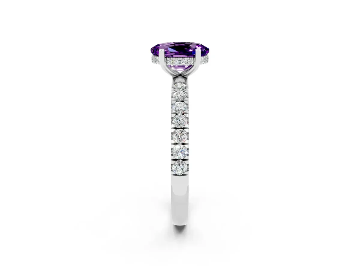 Oval Cut Amethyst Pave Band Solitaire Ring with Round and Prong Setting Platinum