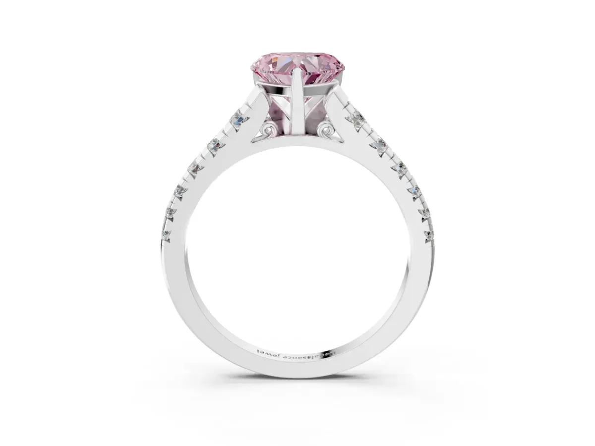 Fancy Pink Heart Cut Diamond Cathedral Solitaire Ring with Round Pavé Band Silver