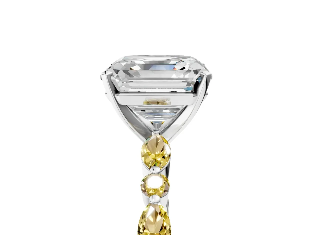Asscher Cut Diamond Ring with Marquise and Round Yellow Sapphire Side Stones and Four-Prong Setting Silver