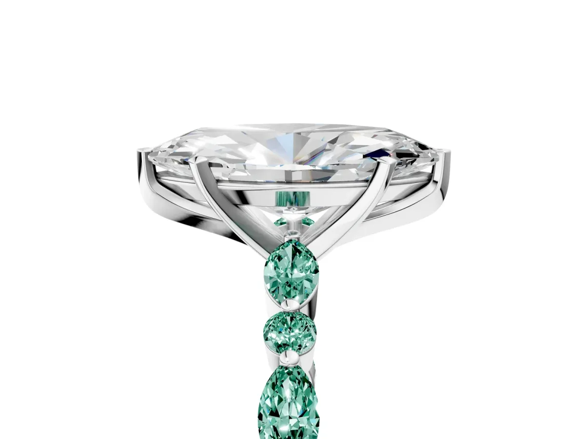 Marquise Cut Diamond Ring with Marquise and Round Green Sapphire Side Stones and Four-Prong Setting Silver