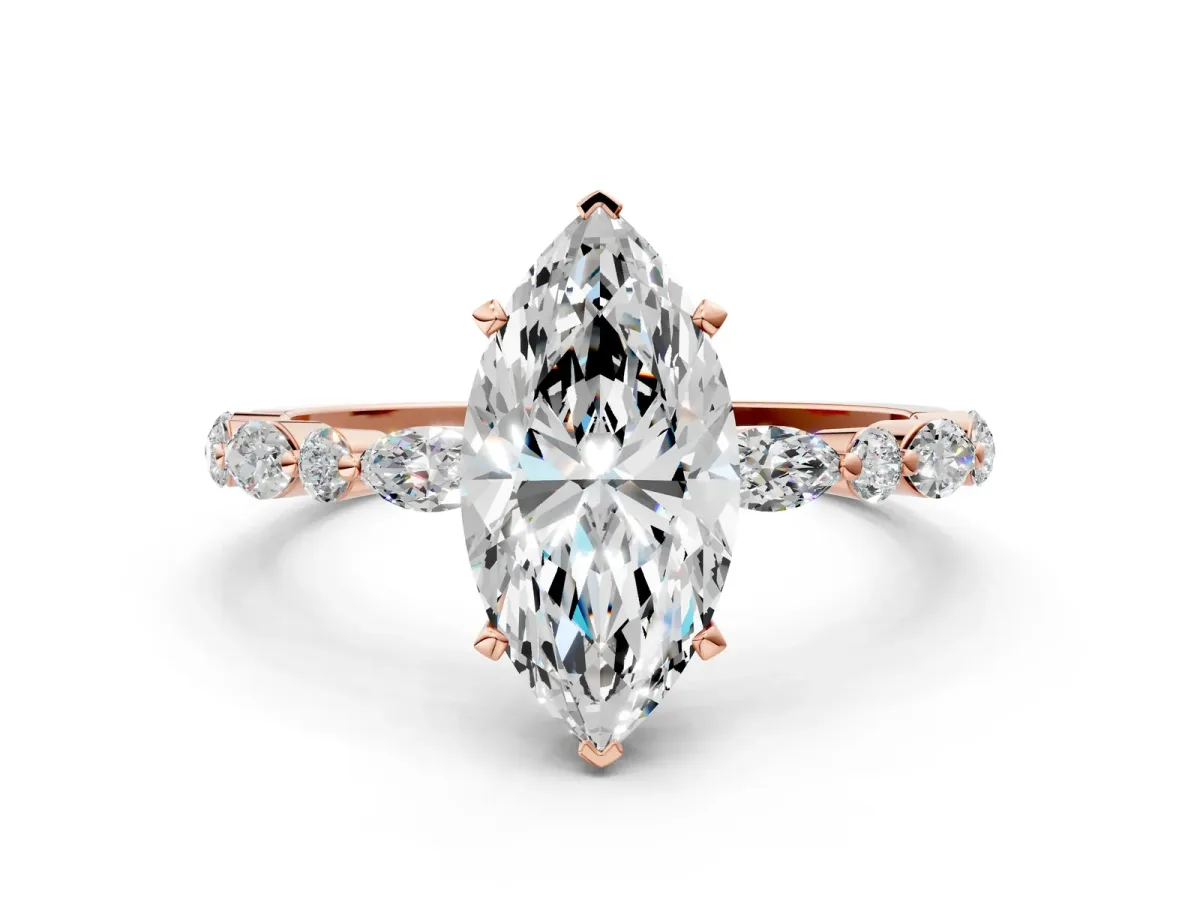 Marquise Cut Diamond Ring with Marquise and Round Side Stones and Four-Prong Setting Rose gold
