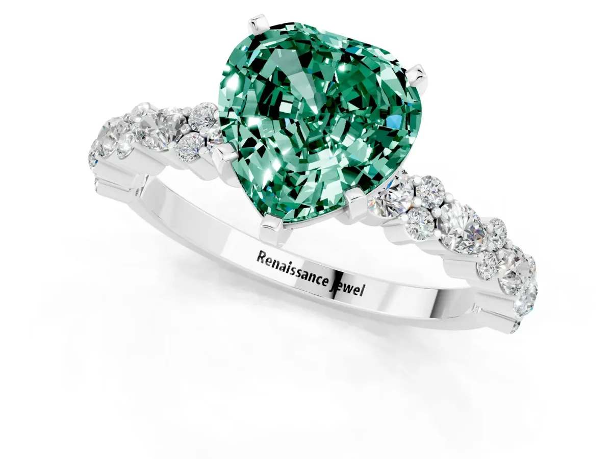 Heart Cut Green Sapphire Side Stone Solitaire Ring with Round and Four-Prong Setting Silver