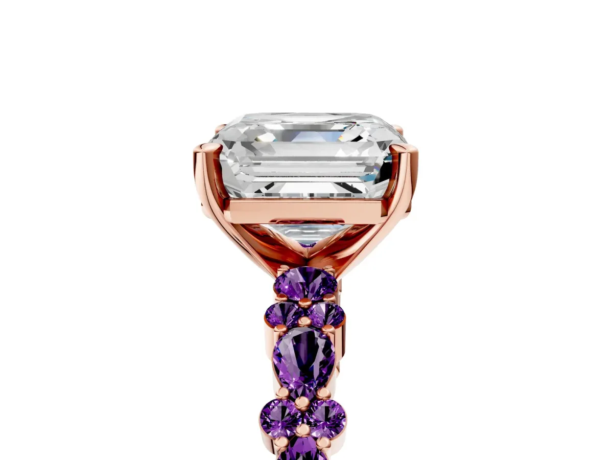 Asscher Cut Diamond Side Stone Solitaire Ring with Round Amethyst and Four-Prong Setting Rose gold