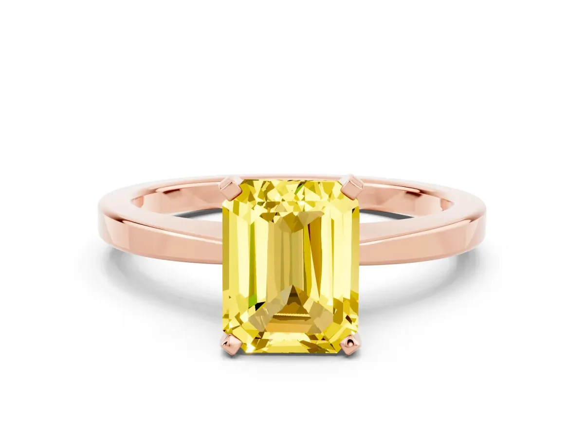 Emerald Cut Yellow Sapphire Solitaire Engagement Ring with Classic Band and Four-Prong Setting Rose gold