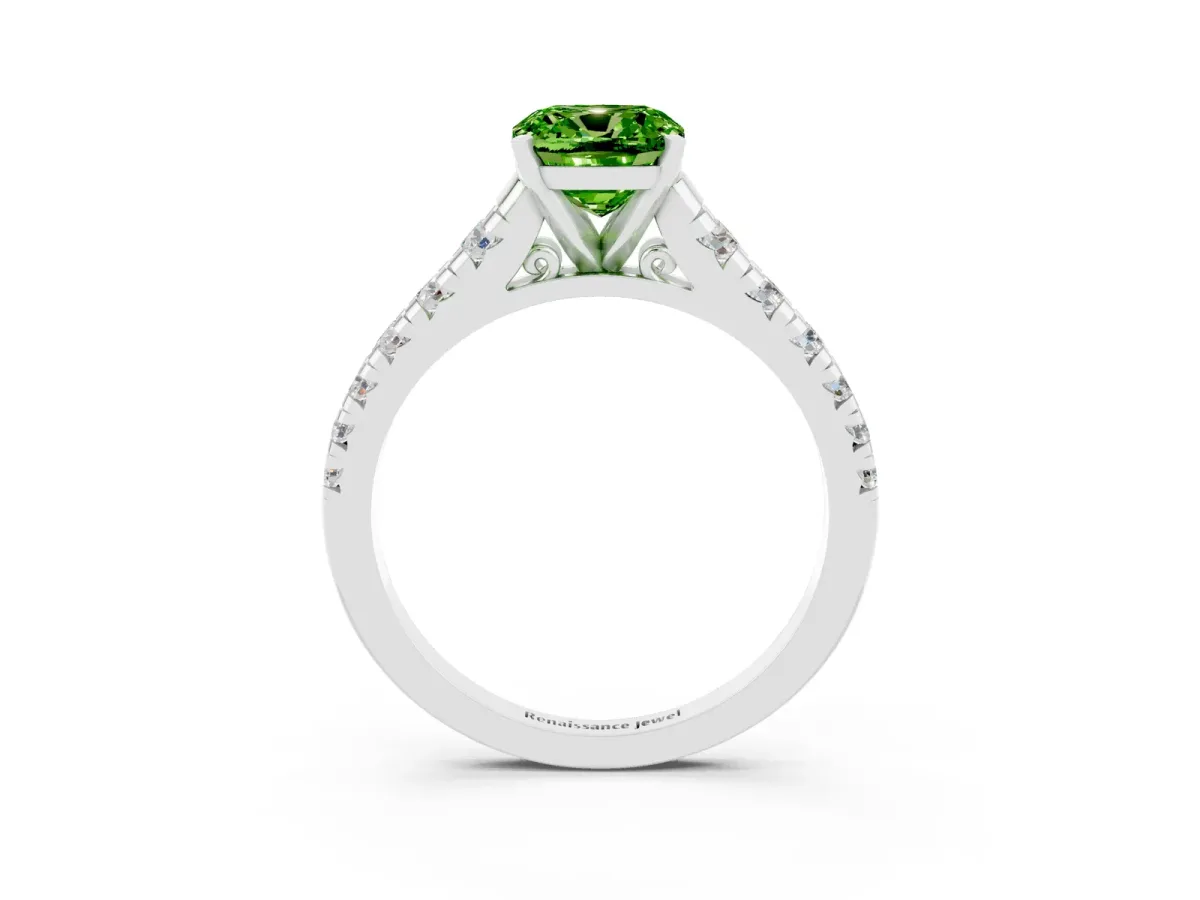 Cushion Cut Peridot Cathedral Solitaire Ring with Round Pavé Band Silver