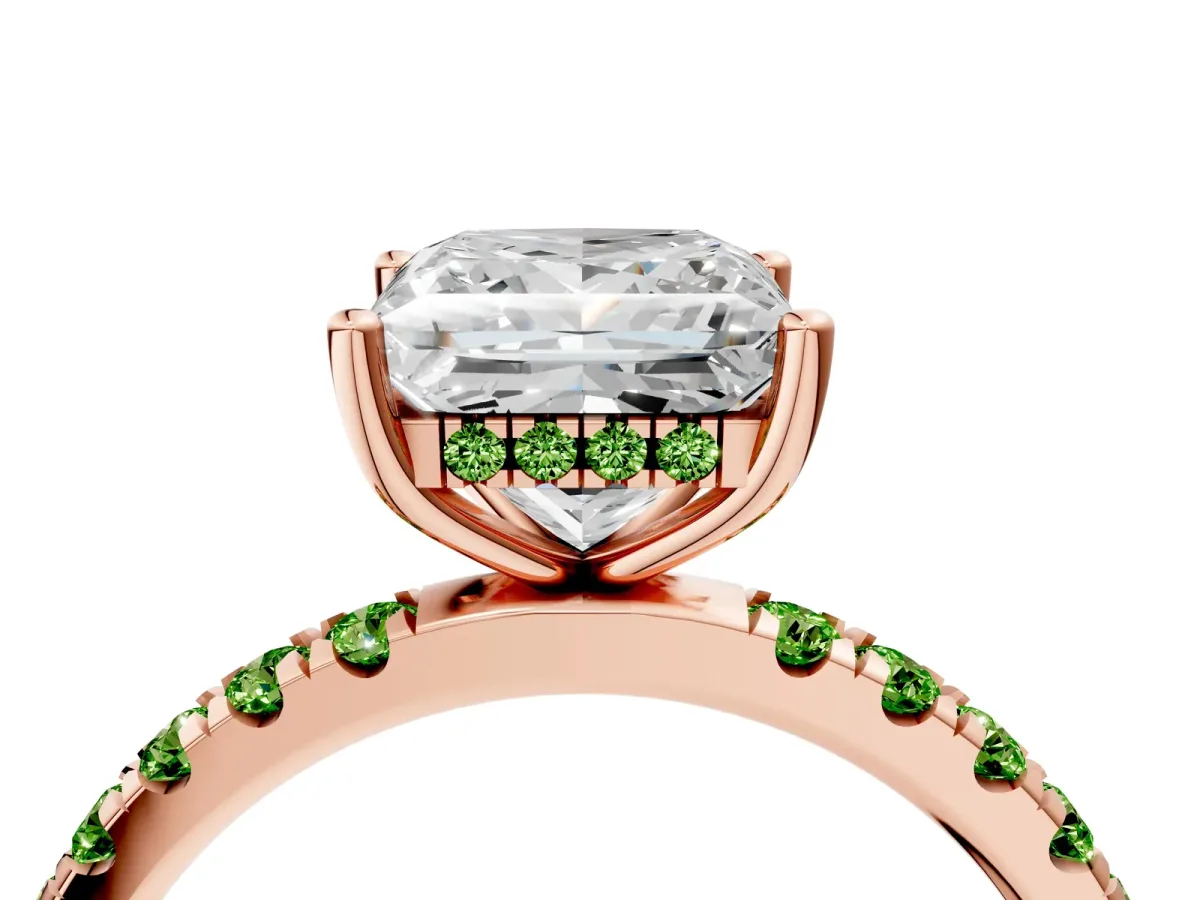 Princess Cut Diamond Pave Band Solitaire Ring with Round Peridot and Prong Setting Rose gold