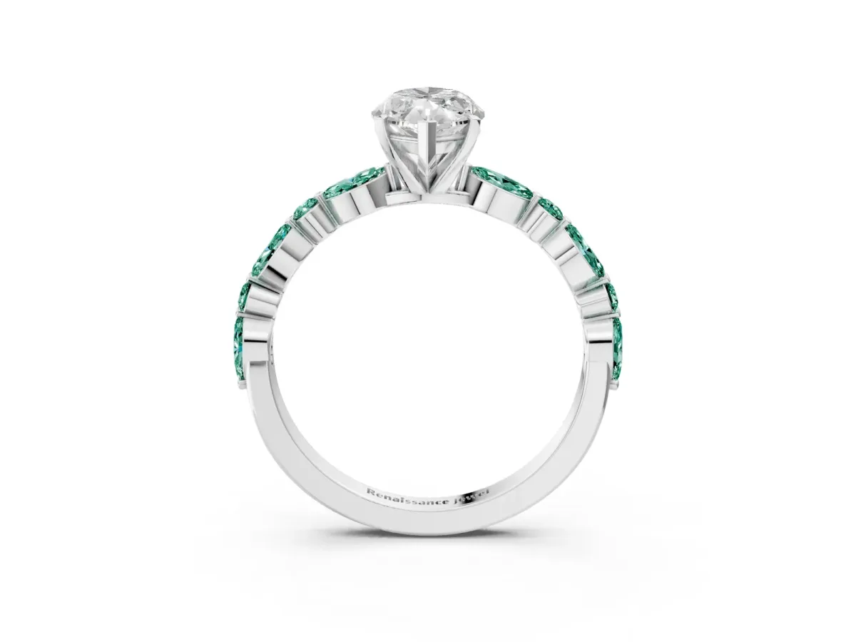 Marquise Cut Diamond Ring with Marquise and Round Green Sapphire Side Stones and Four-Prong Setting Silver