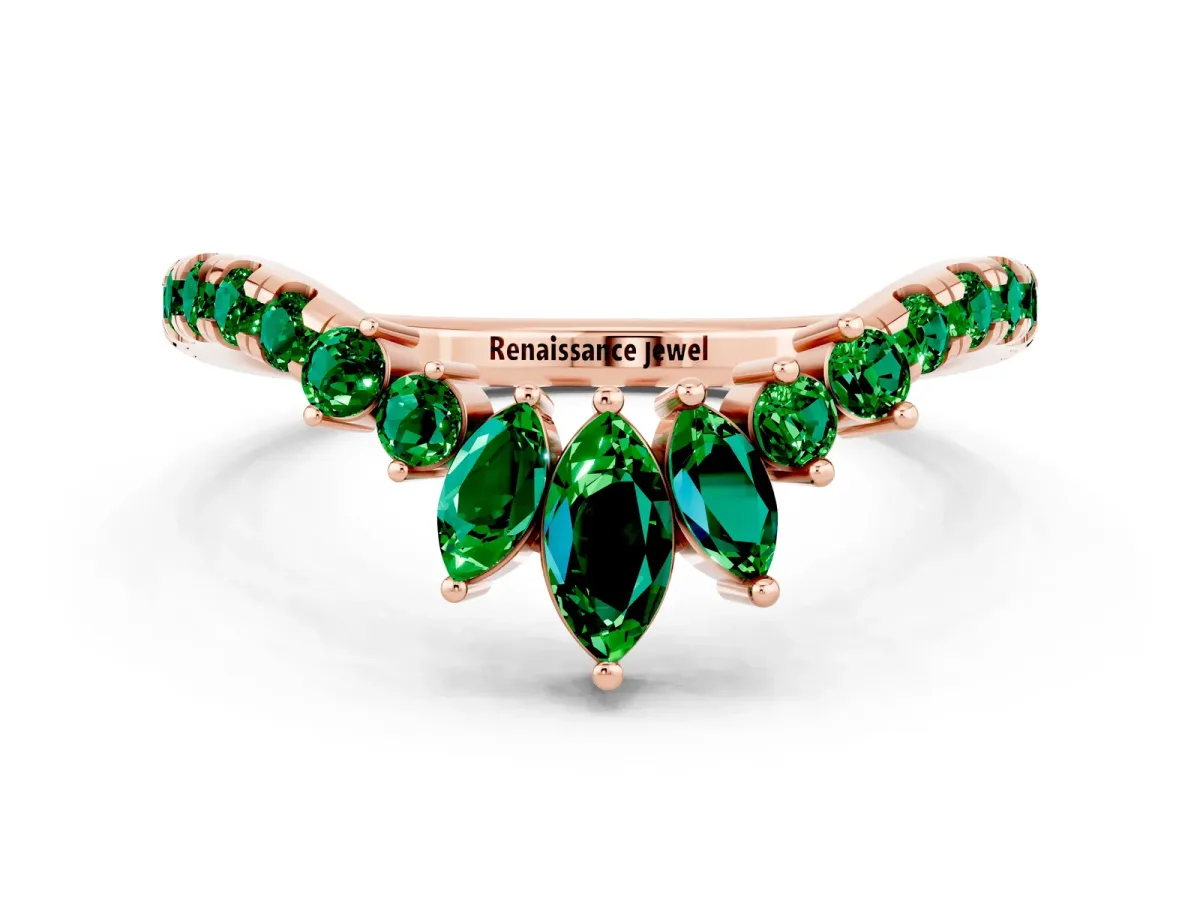 Chevron Marquise and Round Emerald Open Band with Prong Setting Rose gold