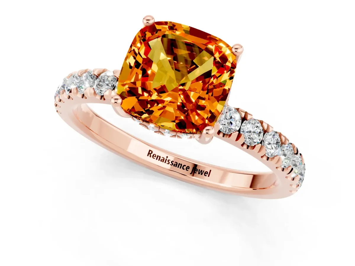 Cushion Cut Citrine Pave Band Solitaire Ring with Round and Prong Setting Rose gold