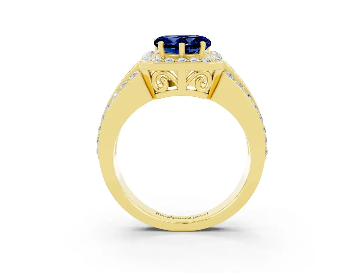 Heart Cut Halo Blue Sapphire Ring with Round Split Shank and Prong Setting Yellow gold