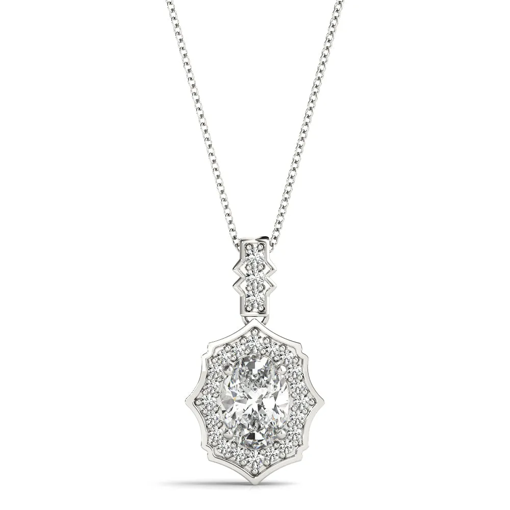 Oval Diamond Halo Pendant with Milgrain Prong Setting Silver