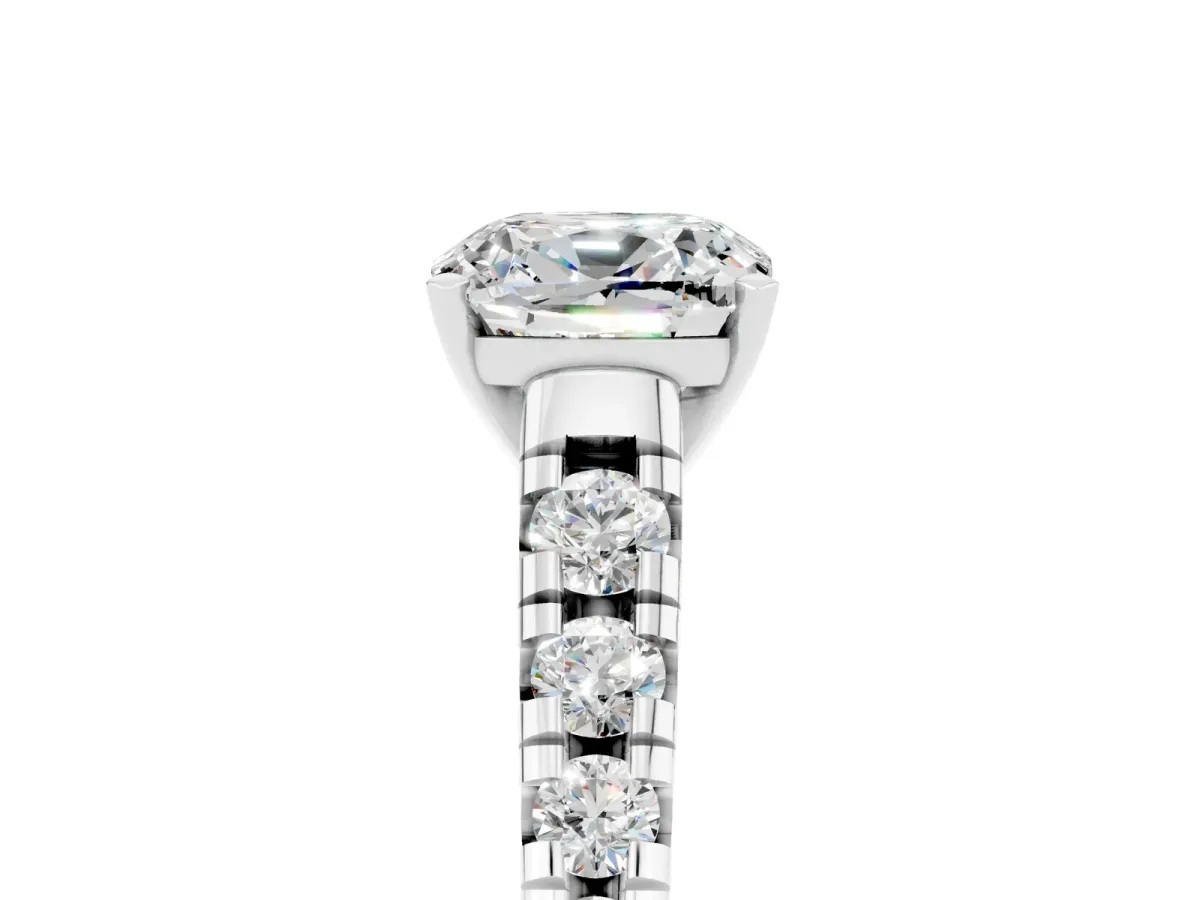 Cushion Cut Moissanite Cathedral Solitaire Ring with Round Pavé Band Silver