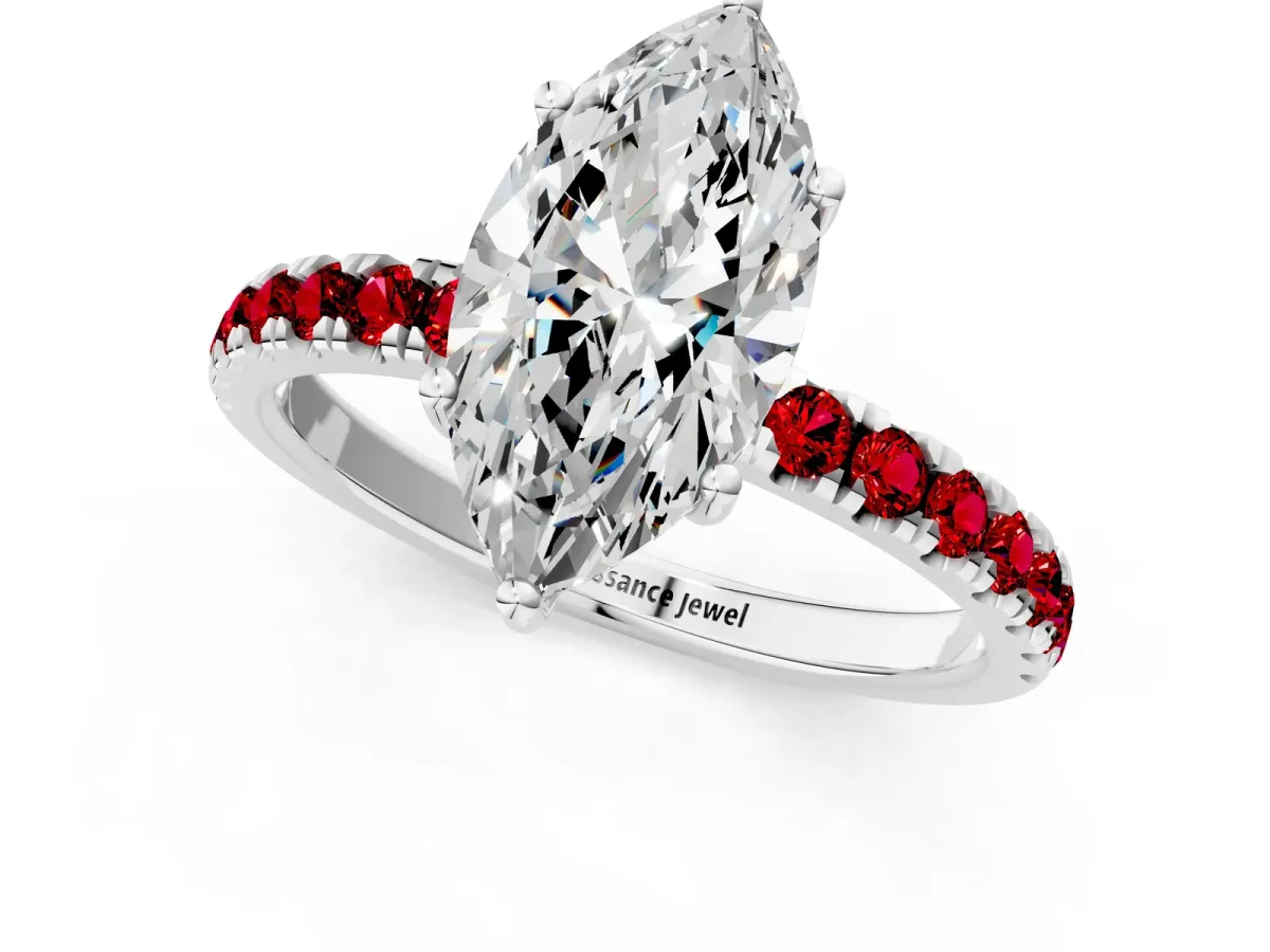 Marquise Cut Diamond Pave Band Solitaire Ring with Round Ruby and Prong Setting Platinum