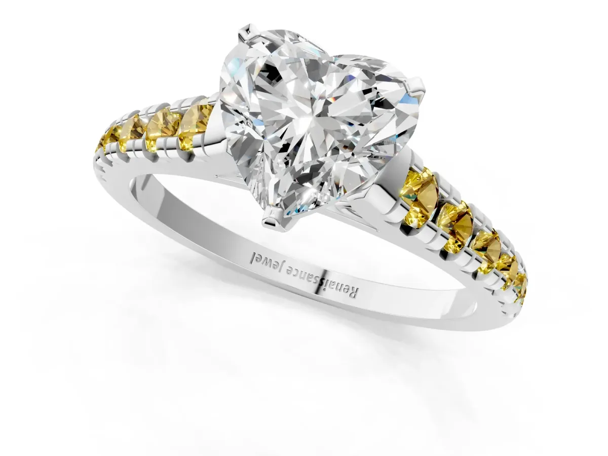 Heart Cut Diamond Cathedral Solitaire Ring with Round Yellow Sapphire Pavé Band Silver