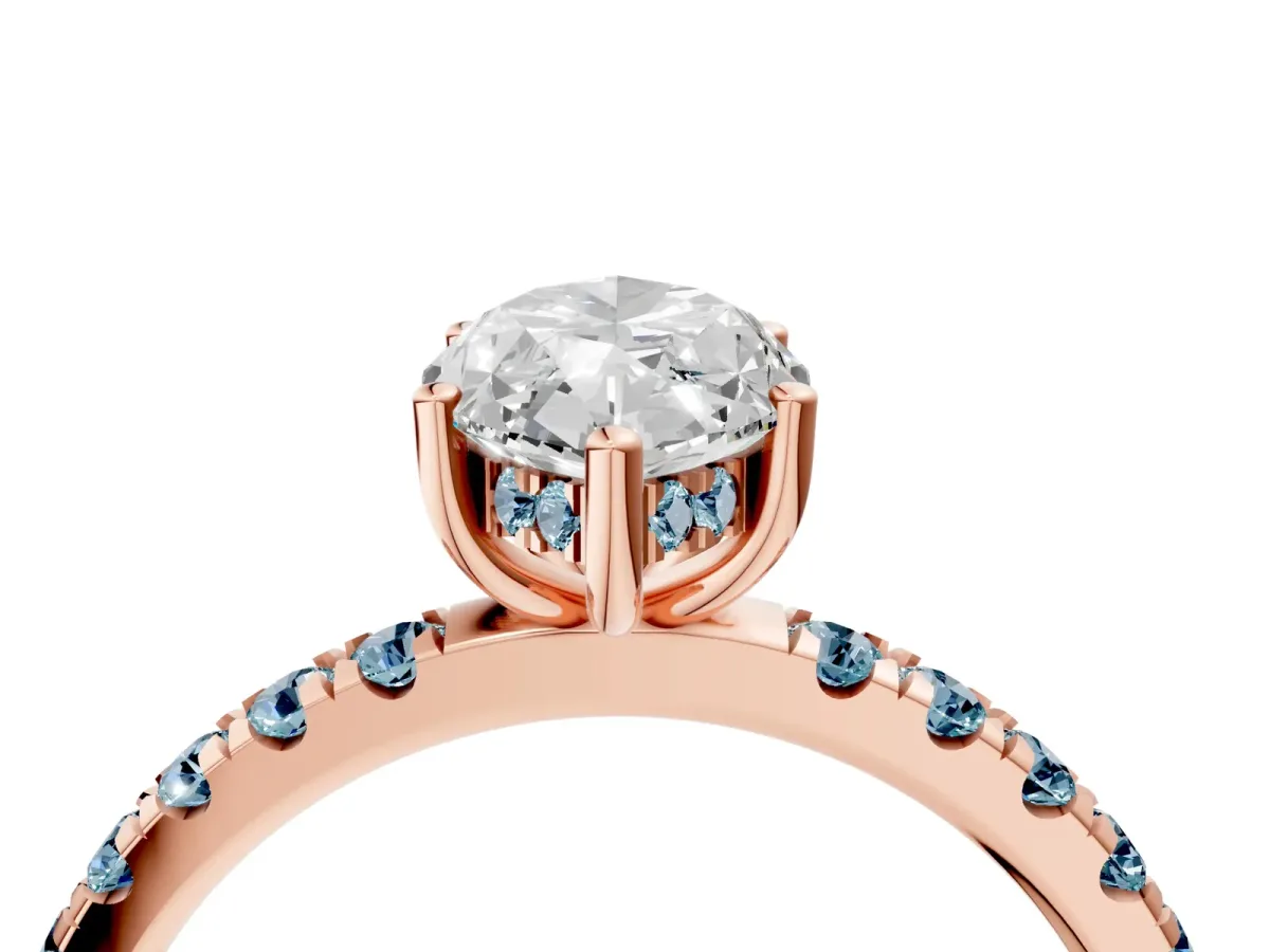 Marquise Cut Diamond Pave Band Solitaire Ring with Round Aquamarine and Prong Setting Rose gold