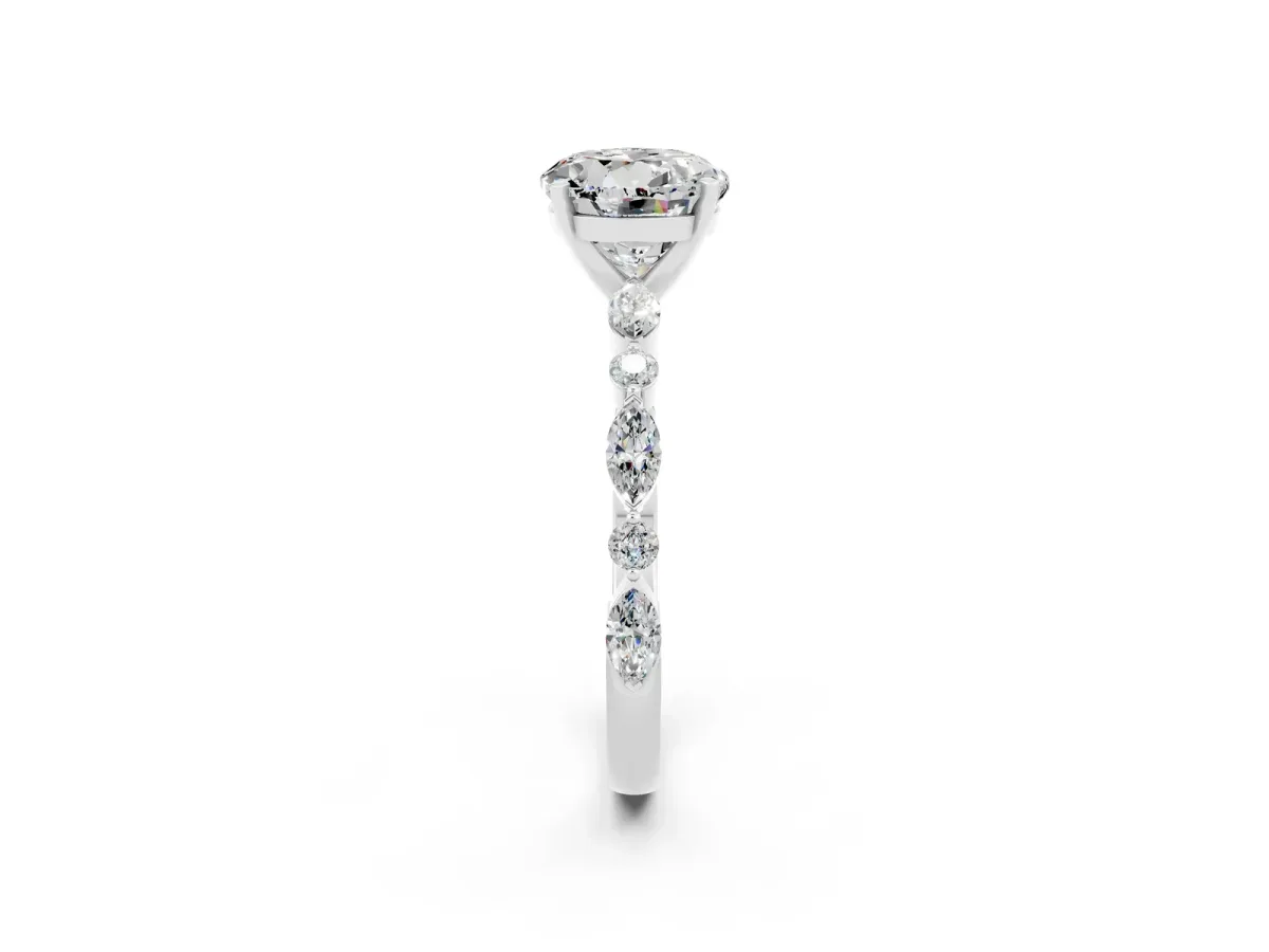 Round Cut Moissanite Ring with Marquise and Round Side Stones and Four-Prong Setting Silver
