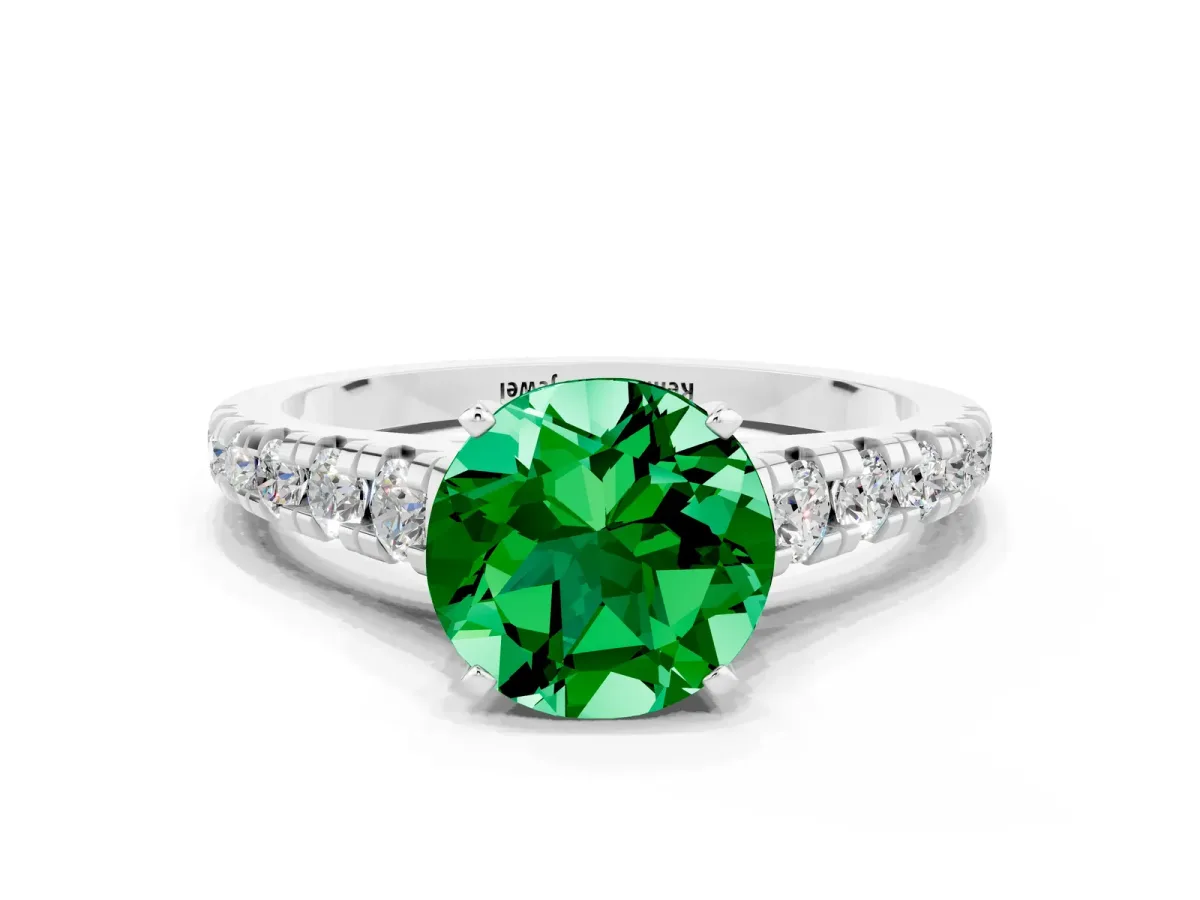 Round Cut Emerald Cathedral Solitaire Ring with Round Pavé Band Platinum