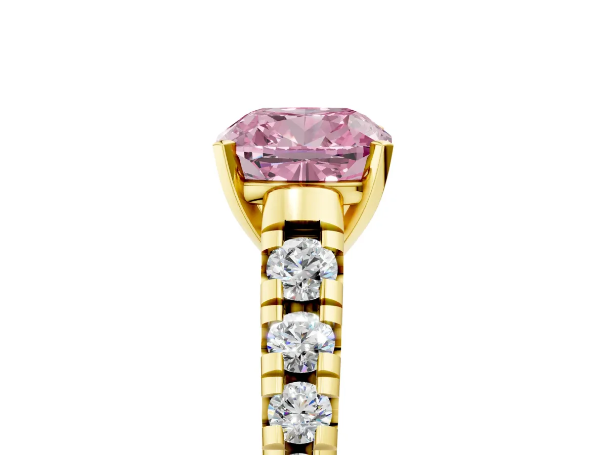 Fancy Pink Cushion Cut Diamond Cathedral Solitaire Ring with Round Pavé Band Yellow gold