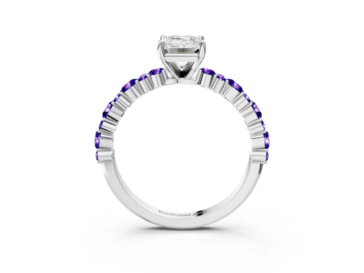 Emerald Cut Diamond Side Stone Solitaire Ring with Round Tanzanite and Four-Prong Setting White gold