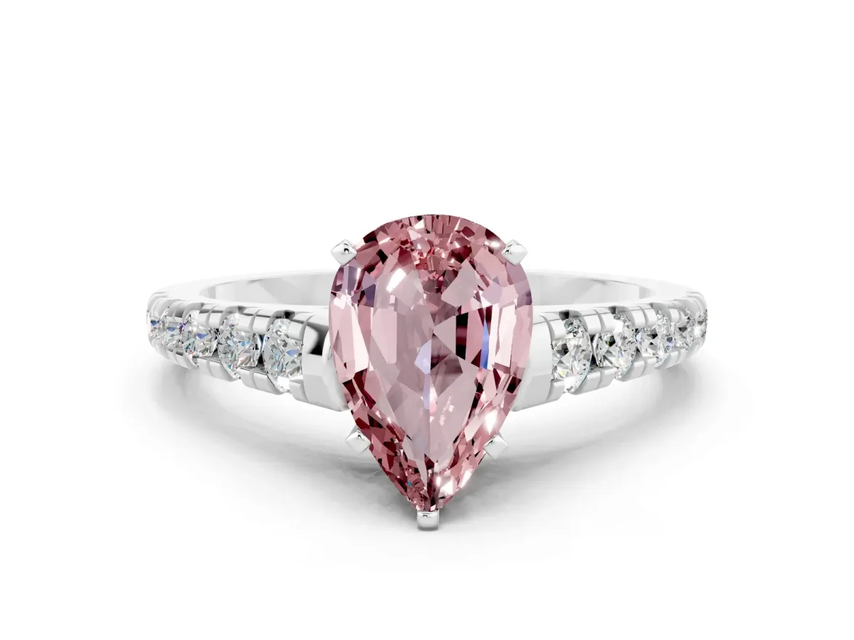 Pear Cut Morganite Cathedral Solitaire Ring with Round Pavé Band White gold