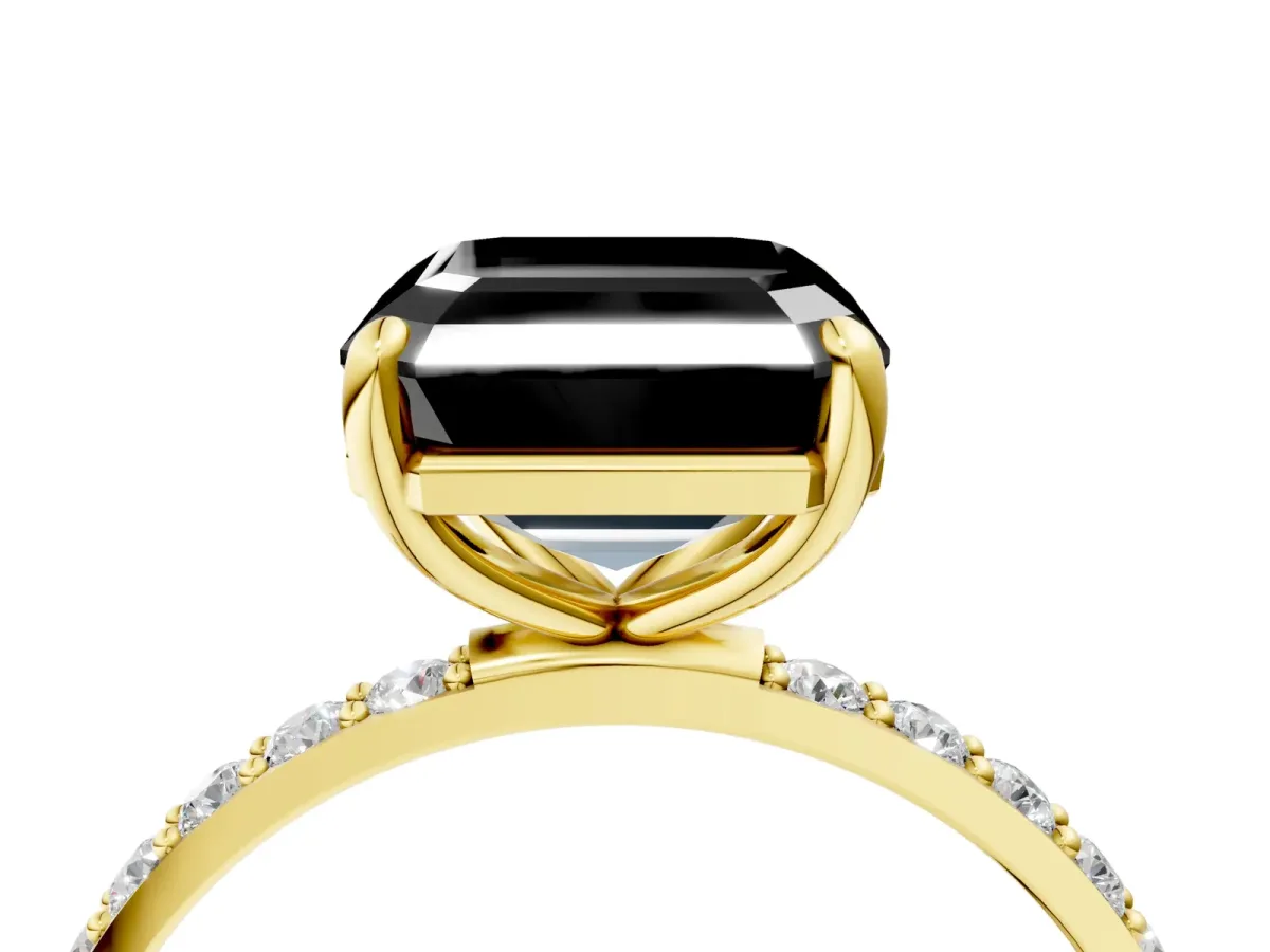 Fancy Black Asscher Cut Diamond Solitaire Ring with Round Pavé Band and Prong Setting Yellow gold