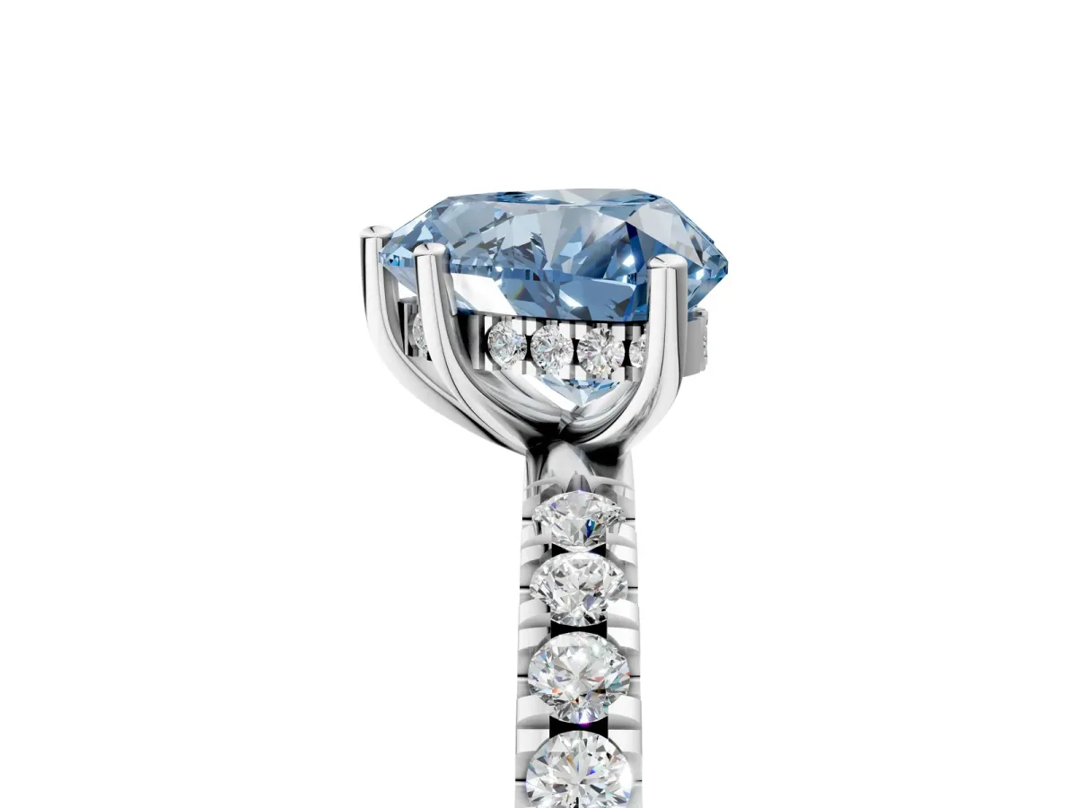 Fancy Blue Heart Cut Diamond Pave Band Solitaire Ring with Round and Prong Setting White gold