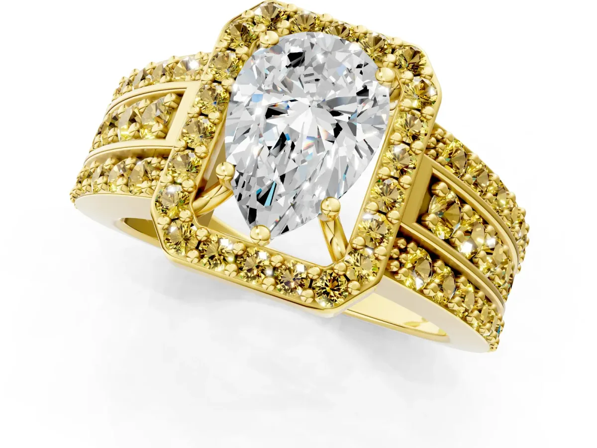 Pear Cut Halo Diamond Ring with Round Yellow Sapphire Split Shank and Prong Setting Yellow gold