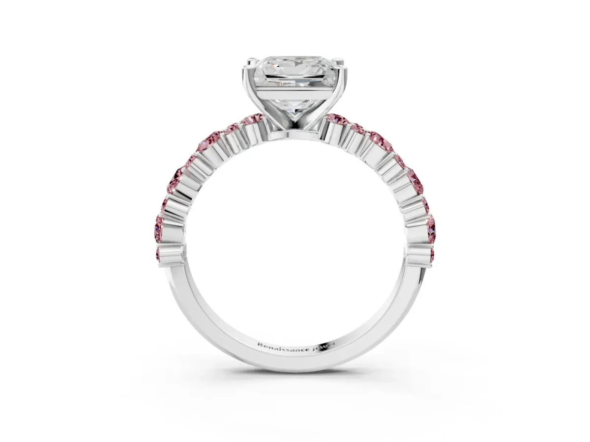 Princess Cut Diamond Side Stone Solitaire Ring with Round Morganite and Four-Prong Setting Platinum