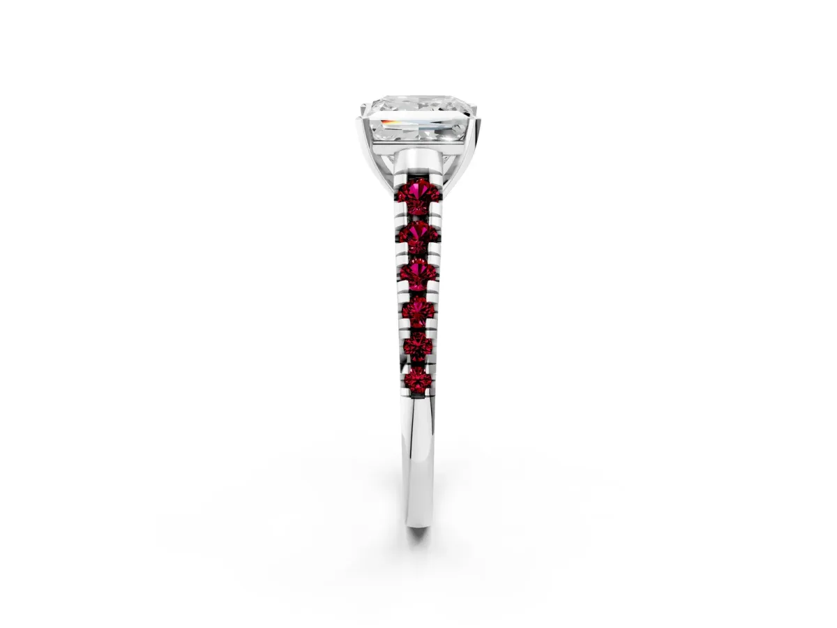 Princess Cut Diamond Cathedral Solitaire Ring with Round Garnet Pavé Band Silver