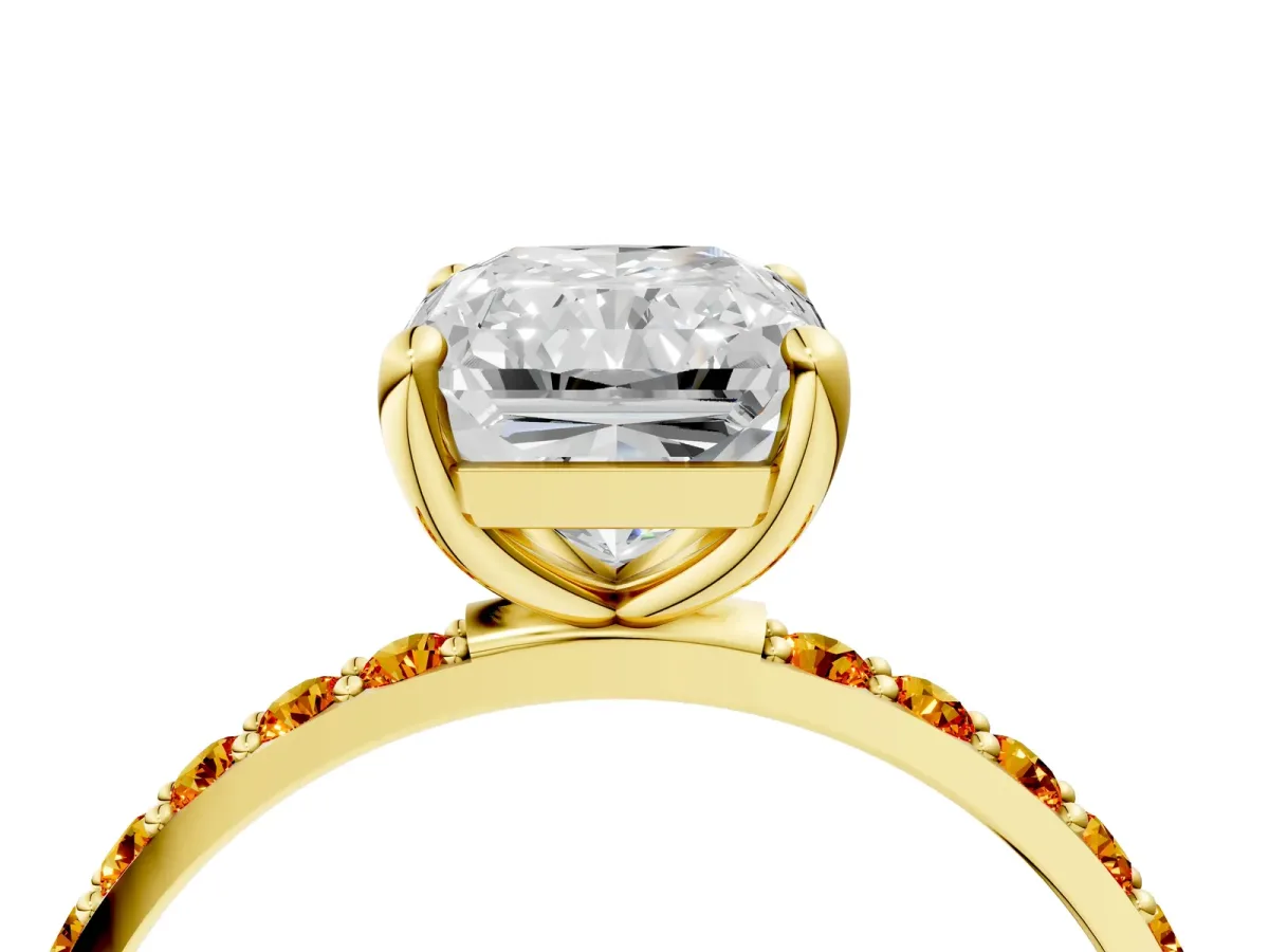 Radiant Cut Diamond Solitaire Ring with Round Citrine Pavé Band and Prong Setting Yellow gold