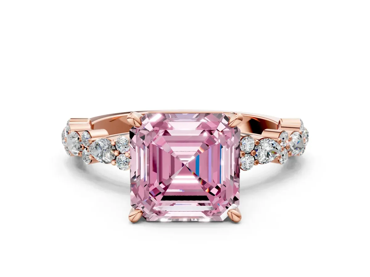 Fancy Pink Asscher Cut Diamond Side Stone Solitaire Ring with Round and Four-Prong Setting Rose gold