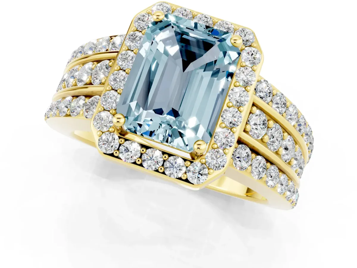 Emerald Cut Halo Aquamarine Ring with Round Split Shank and Prong Setting Yellow gold