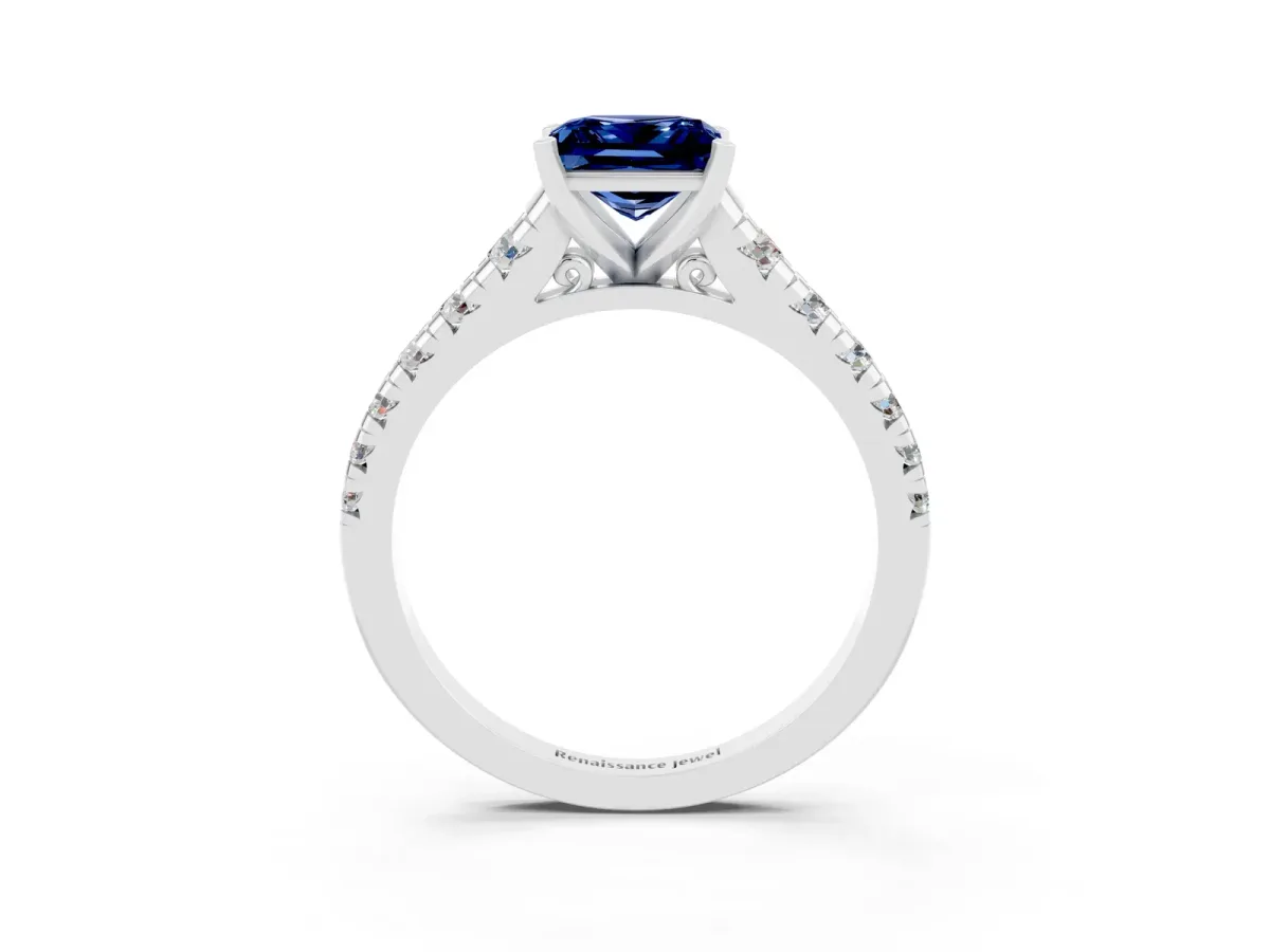 Princess Cut Blue Sapphire Cathedral Solitaire Ring with Round Pavé Band Platinum