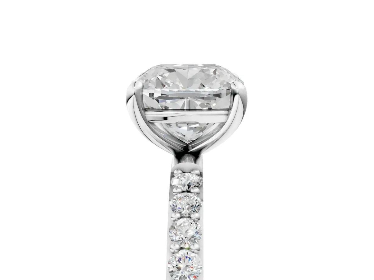 Cushion Cut Diamond Solitaire Ring with Round Moissanite Pavé Band and Prong Setting Silver
