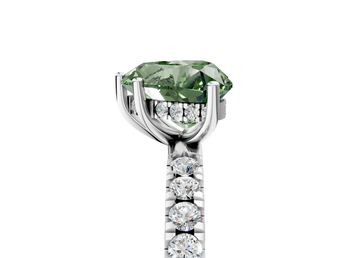 Fancy Green Heart Cut Diamond Pave Band Solitaire Ring with Round and Prong Setting Platinum